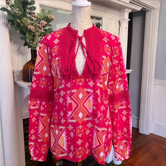 TORY BURCH 100% Cotton Pink & Orange Crotchet/Tassel Longsleeve Tunic Top Sz 6 - Picture 1 of 13